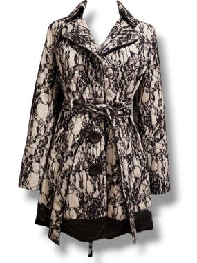 XOXO Women’s Black Lace Pattern Parisian Chic Trench Coat Haute Couture Look